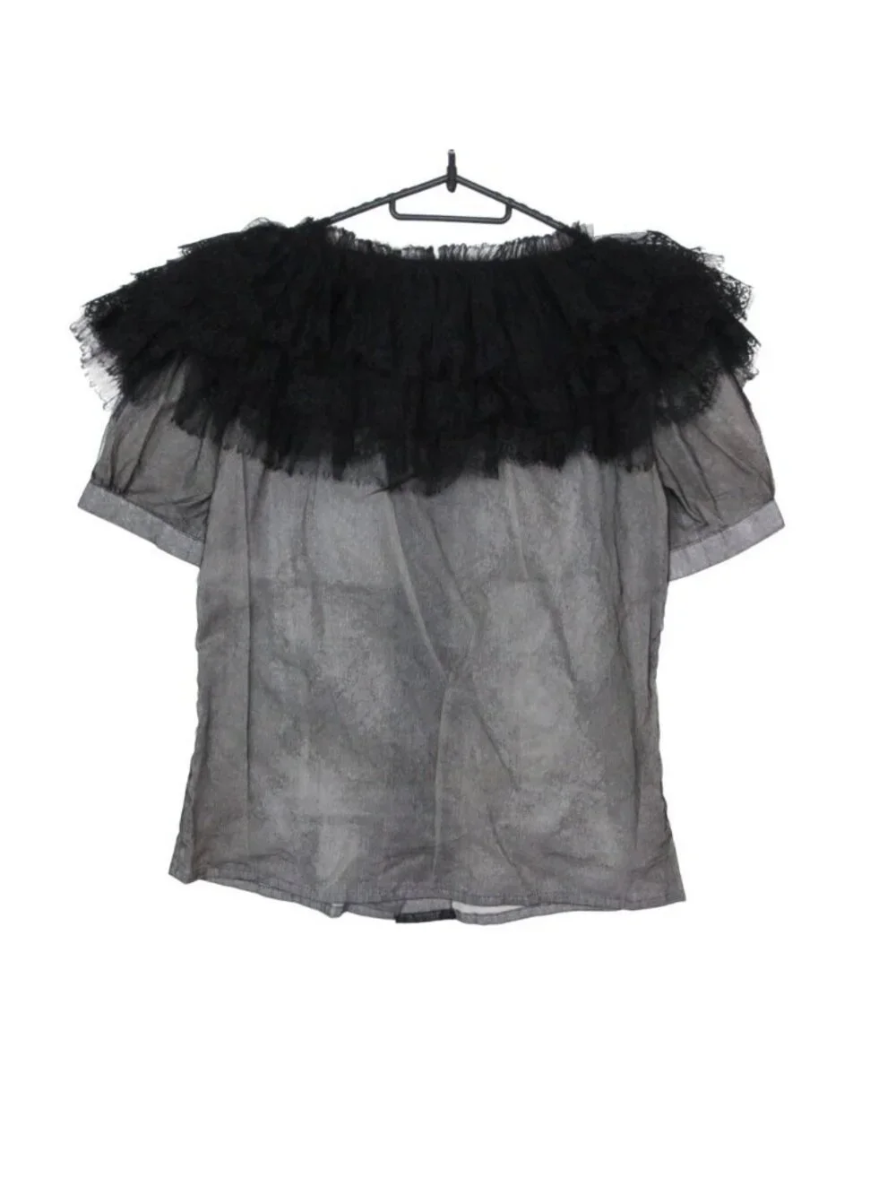 Chanel Blouse Chiffon Quilted Frill See Through Top Short Sleeve Black